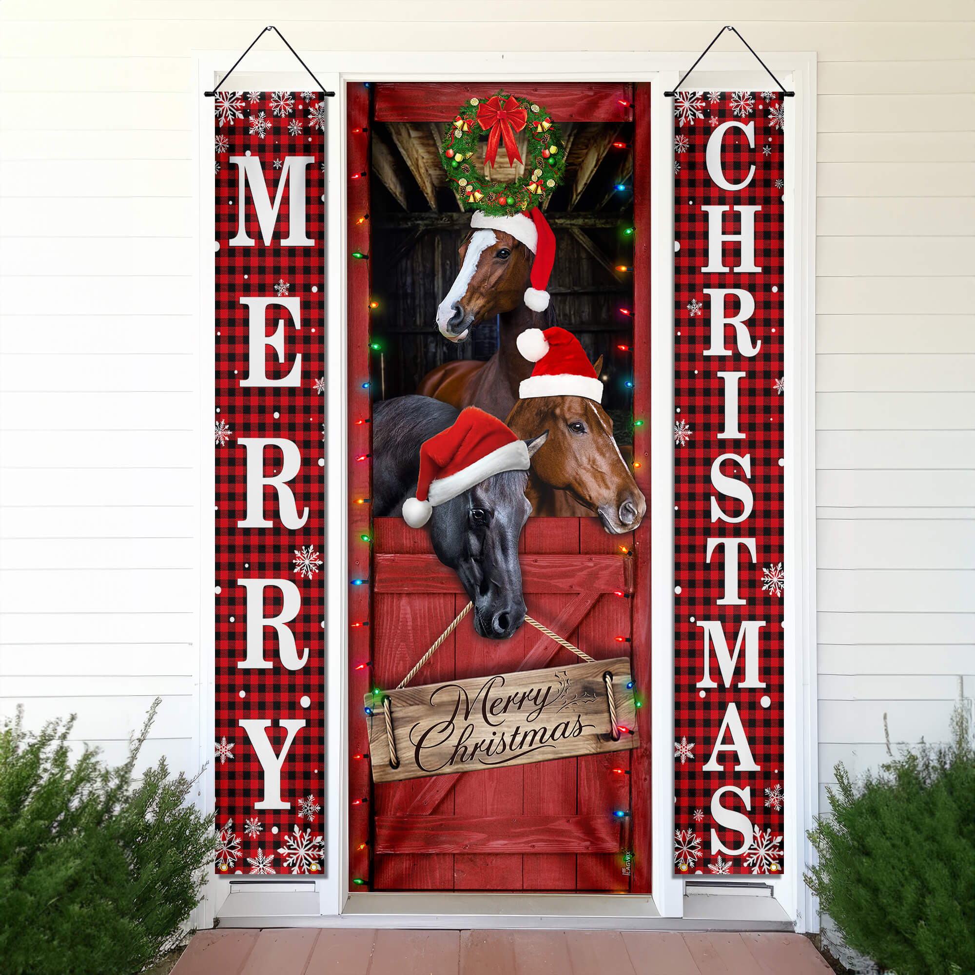 Funny Horses Merry Christmas Door Cover and Banners, Farm Decor