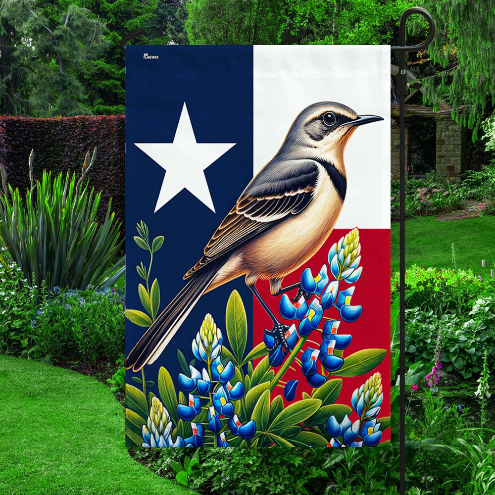 Texas State Mockingbird and Bluebonnet Flower Flag
