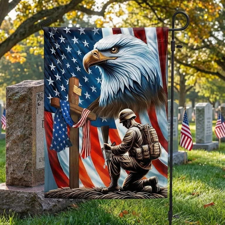 Veterans Day flag, Patriotic Eagle Veteran Kneeling Soldier Christ Cross Memorial Day American Flag 3-Day Shipping