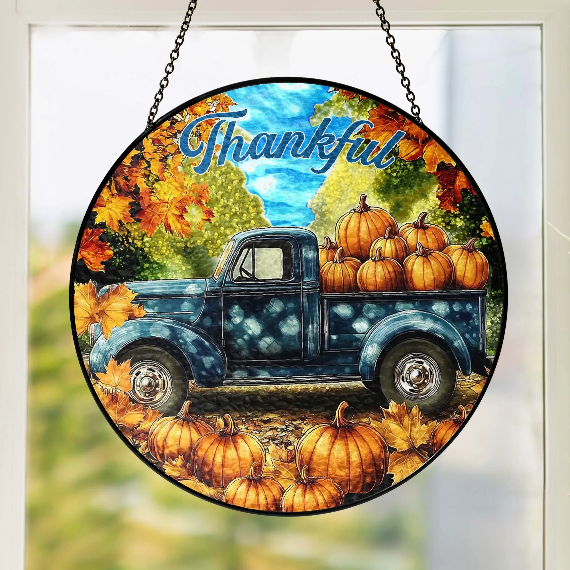 Fall Truck Pumpkins Thanksful Stained Glass Suncatcher 3-Day Shipping
