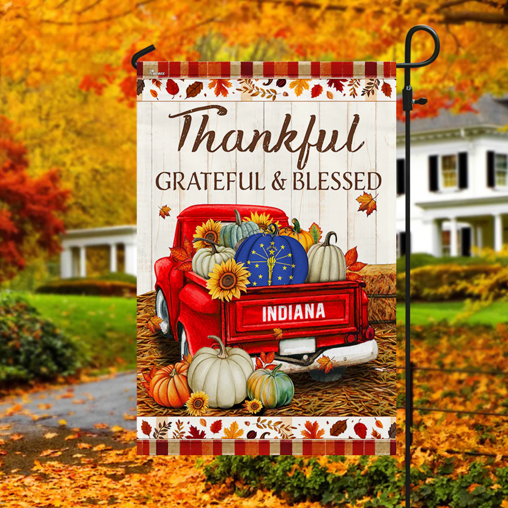 Indiana State Thankful Grateful And Blessed Pumpkins Thanksgiving Fall Indiana Flag TPT2167Fv3