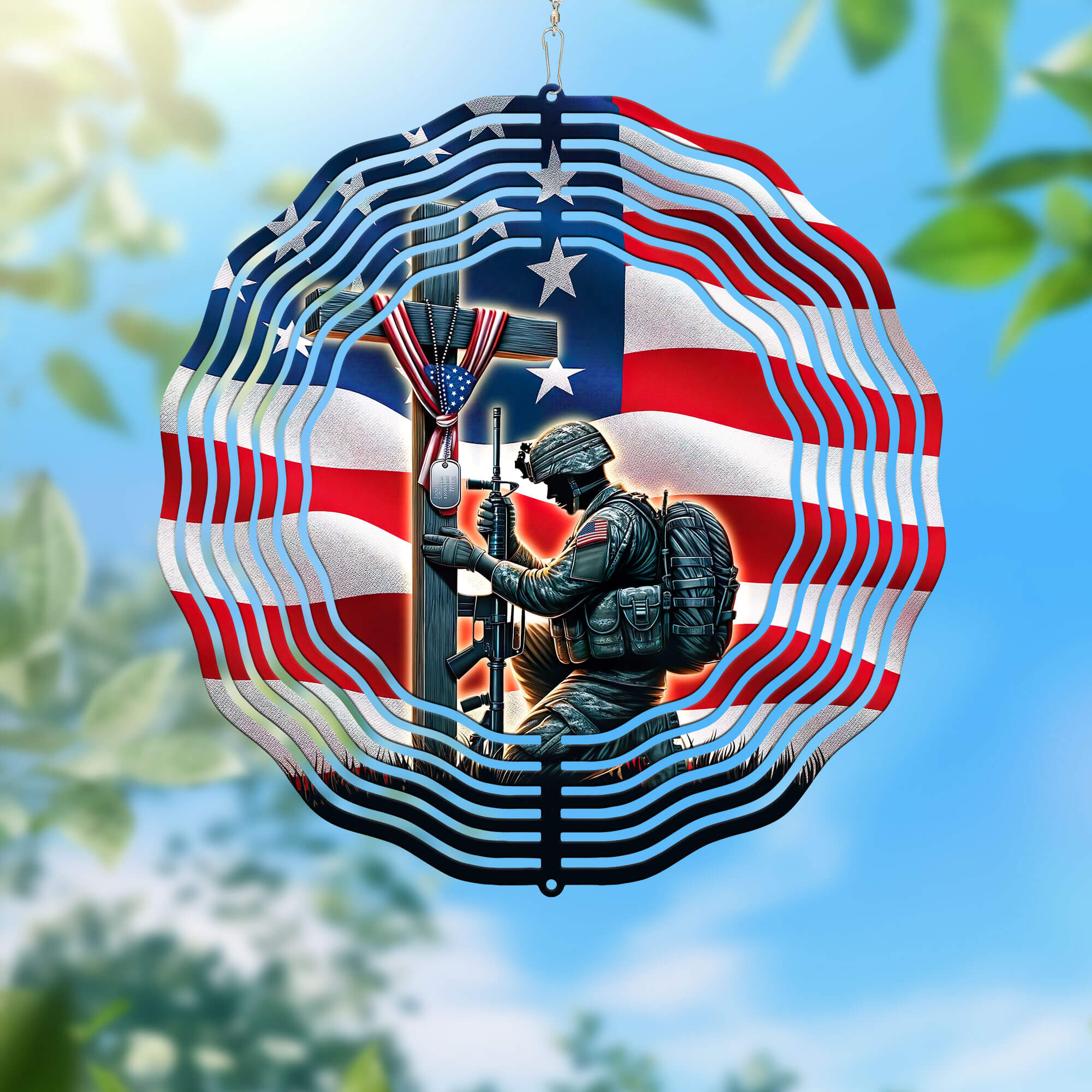 Stand For The Flag, Veteran Christian Cross Memorial Wind Spinner