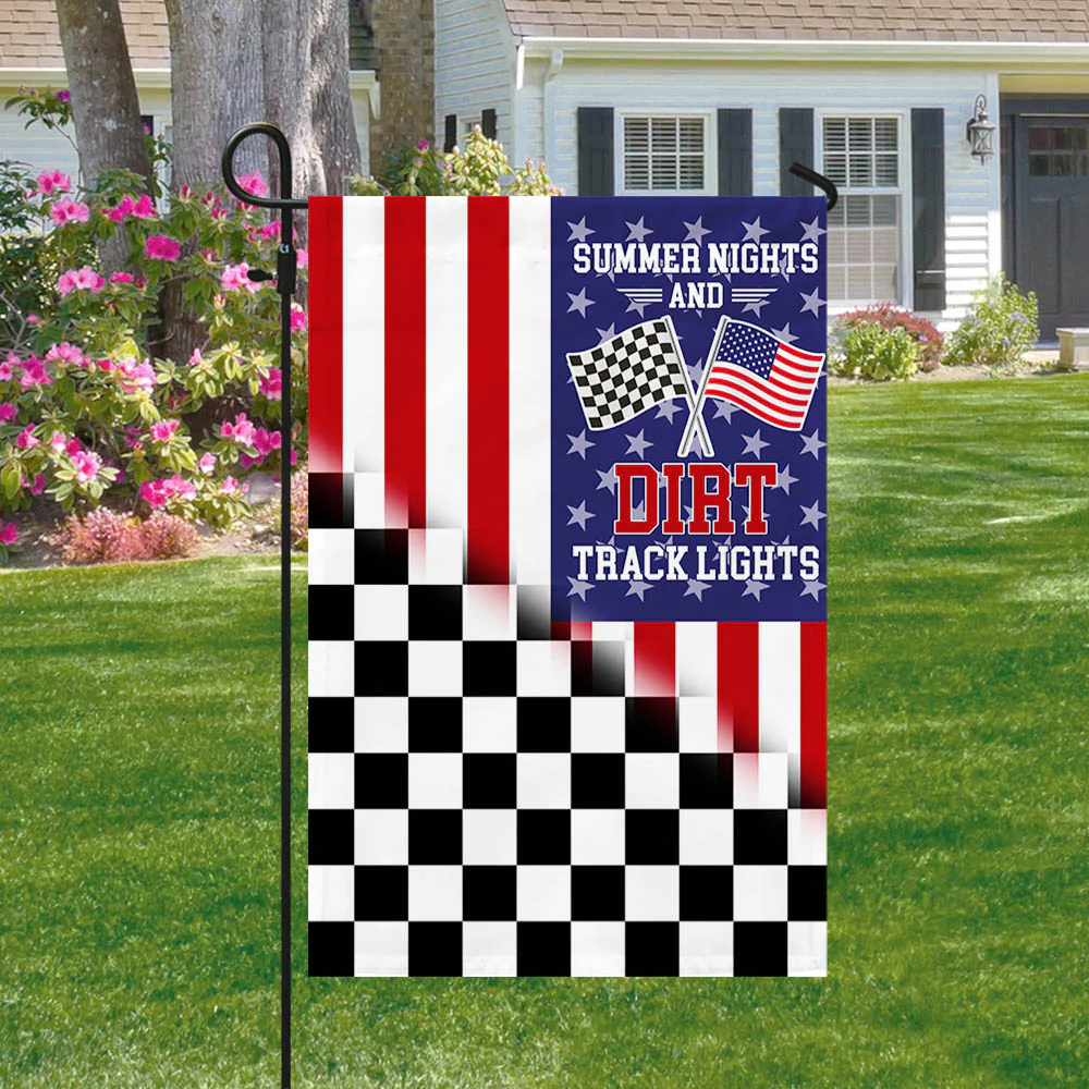 Dirt Track Racing Checkered Racing American Flag Summer Nights and Dirt Track Lights Flag