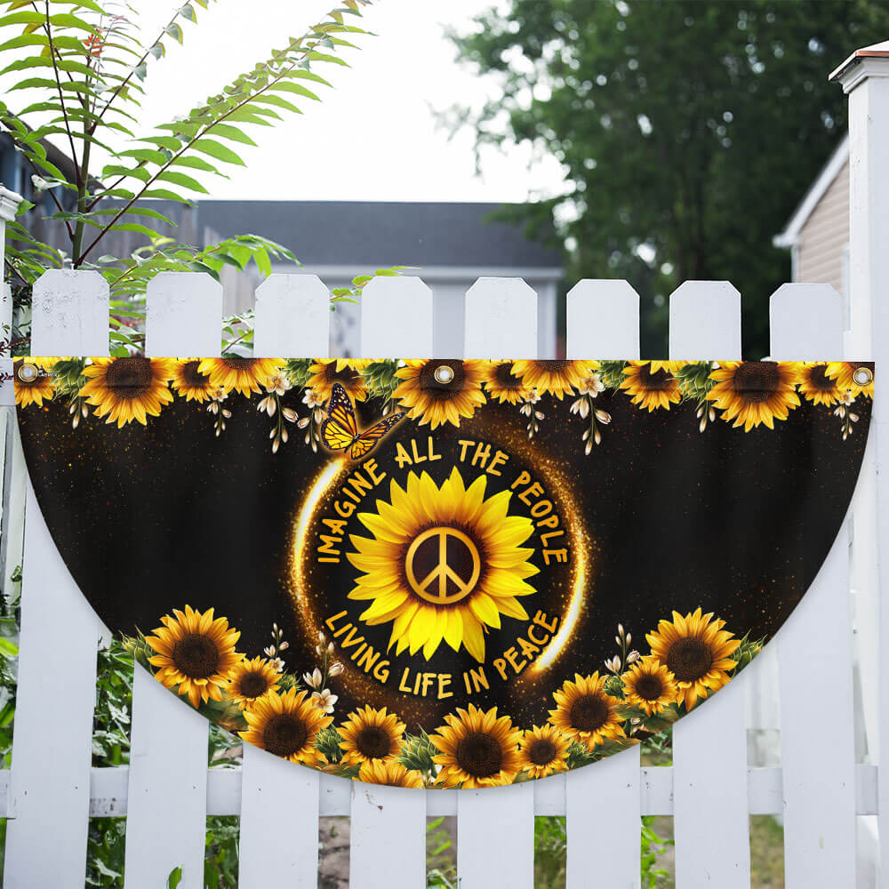 Hippie Sunflower Imagine All The People Living Life In Peace Non-Pleated Fan Flag