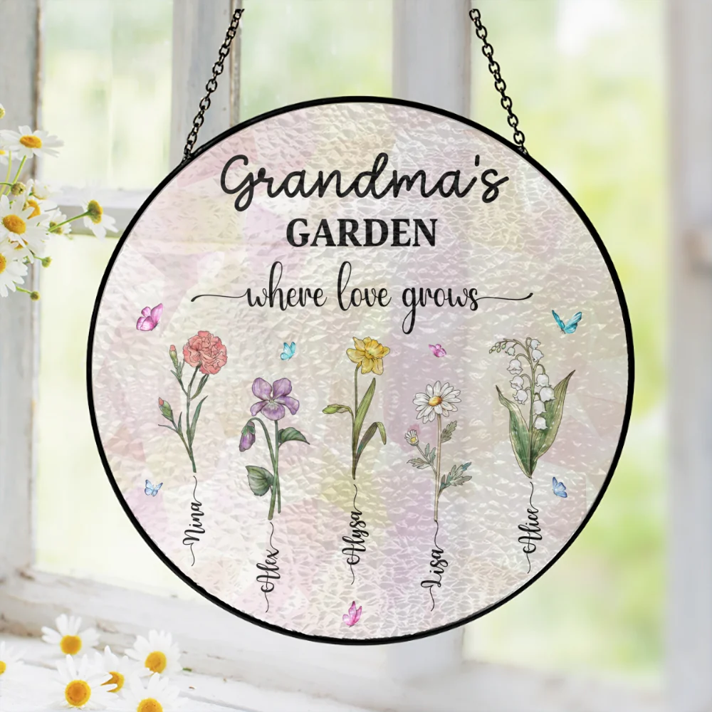 Personalized Grandma's Garden Stained Glass Suncatcher, Birth Month Flowers Stained Glass, Mothers Day Gifts For Nana Custom Garden Decor