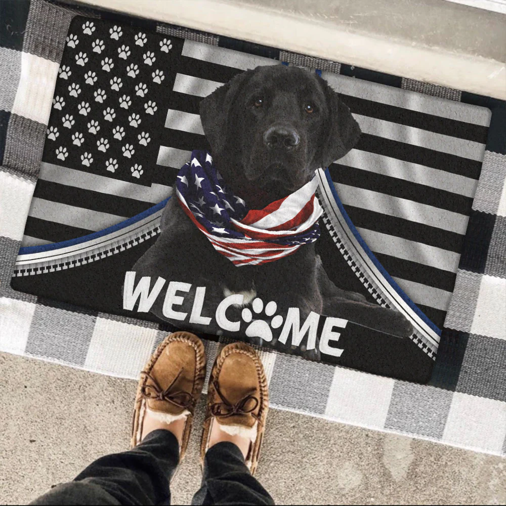 Patriotic Doormat, Welcome Black Labrador Retriever American Flag Doormat