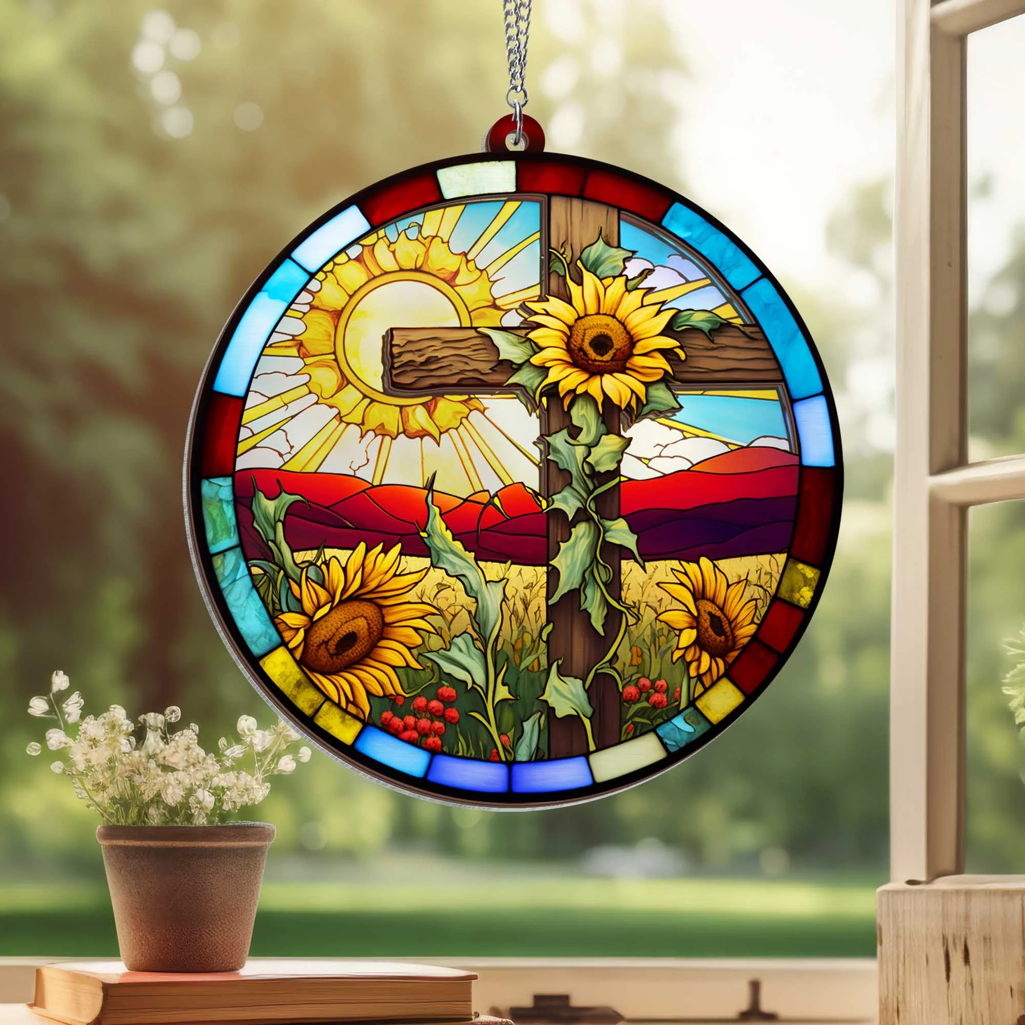 Christian Cross Sunflower 2 Layered Hanging Suncatcher
