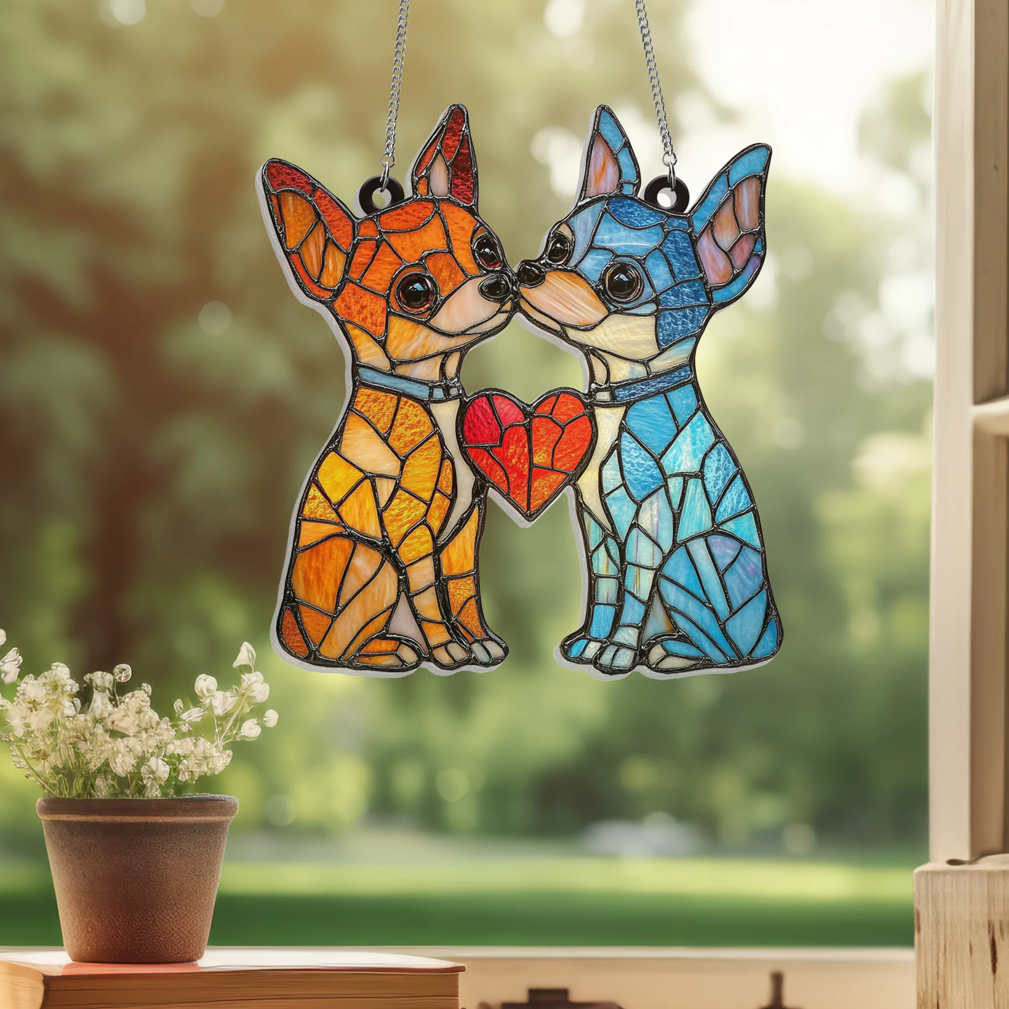 Chihuahua Couple Suncatcher Window Hanging Sign