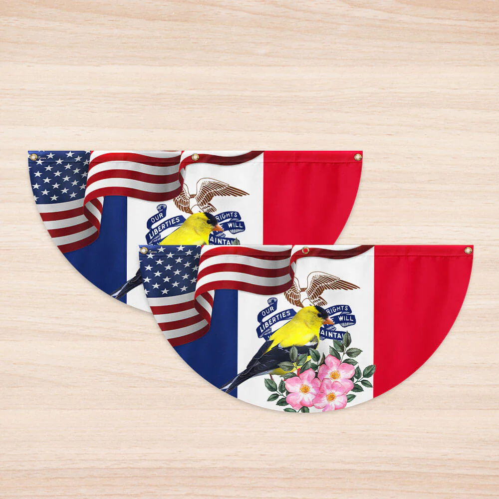 Iowa State Eastern Goldfinch Bird and Wild Rose Flower Non-Pleated Fan Flag