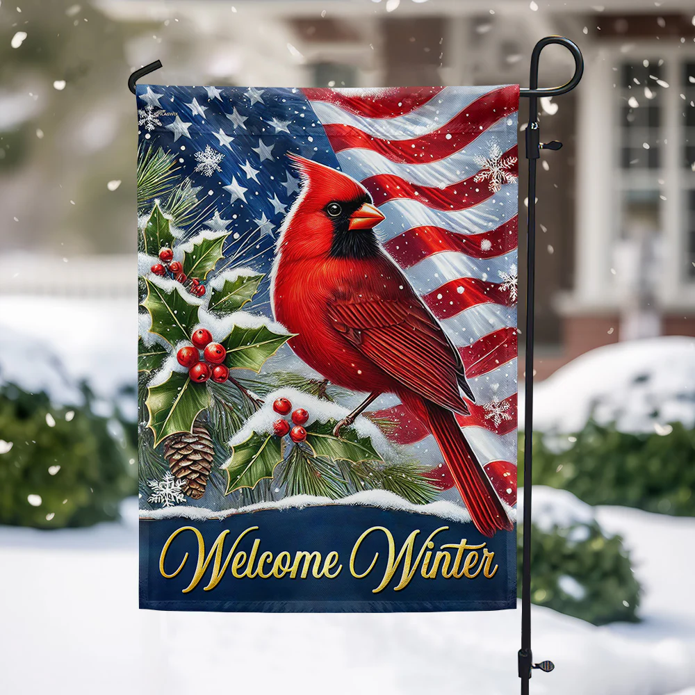 Welcome Winter Cardinal Bird Christmas American Flag