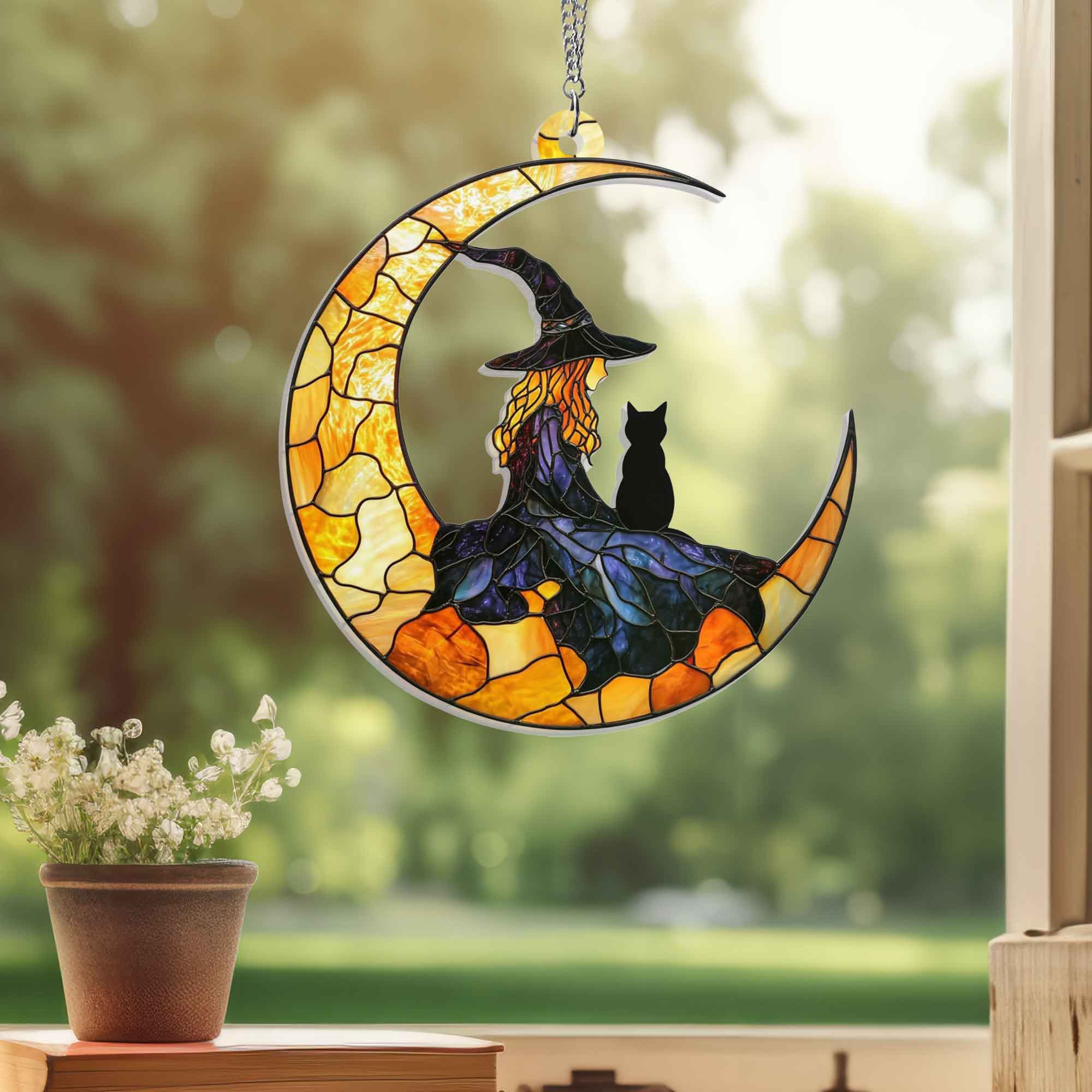 Halloween Witch And Black Cat On The Moon Suncatcher Acrylic Hanging