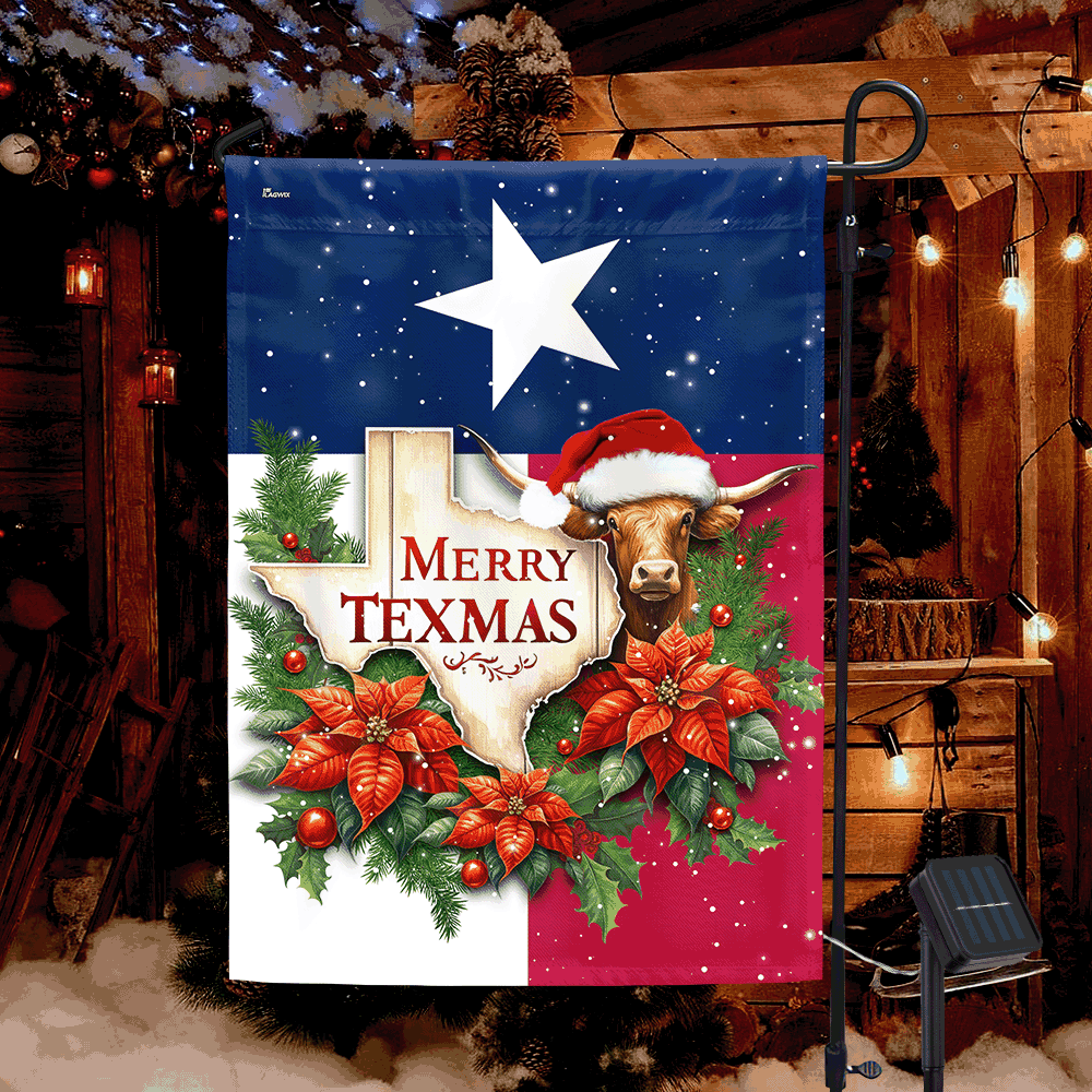 Merry Texmas Longhorns Christmas Texas Solar Led Garden Flag