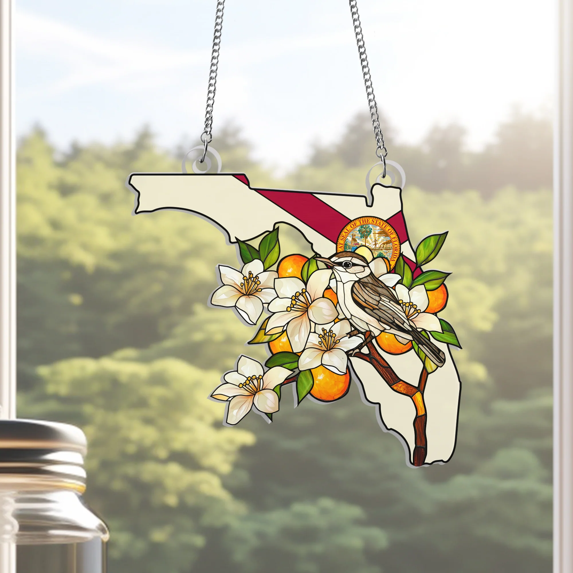Florida Mockingbird & Orange Blossom Suncatcher - Hanging Sign Gift for State Pride & Nature Lovers