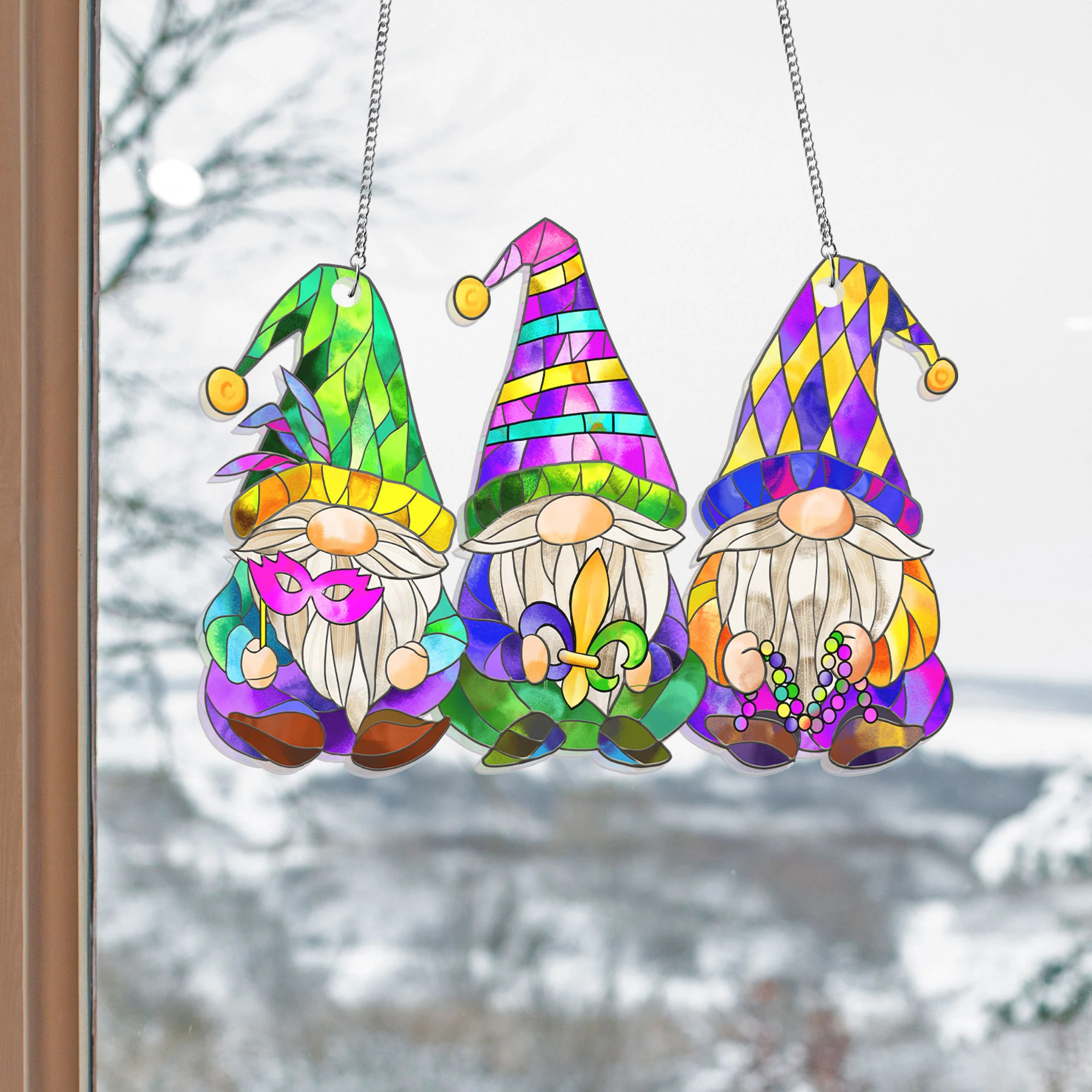 Mardi Gras Gnomes Suncatcher Acrylic Hanging Sign