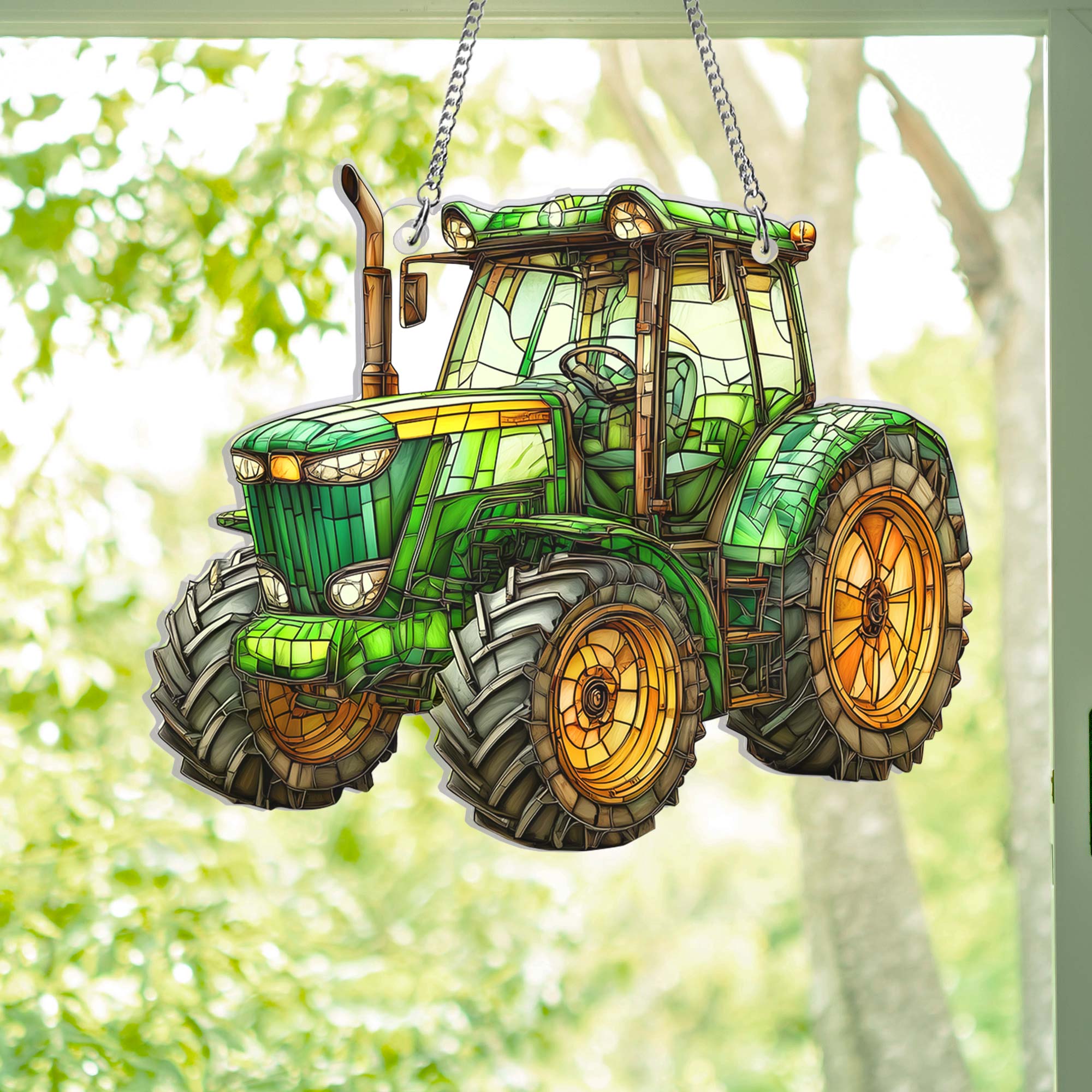 Green Tractor Farmer Acrylic Suncatcher Window Hanging