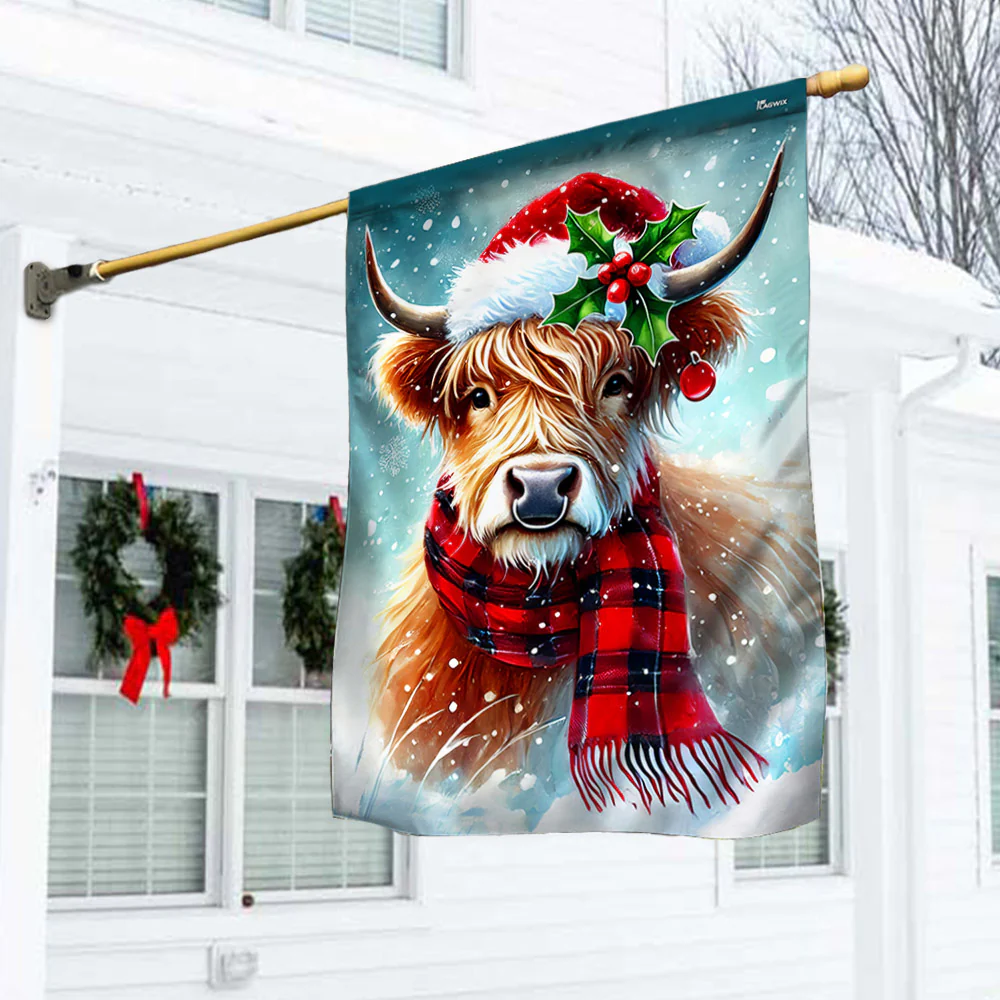 Merry Christmas Highland Cow Farm Flag - Santa Hat Holiday Gift & Home Decor - 3-Day Shipping