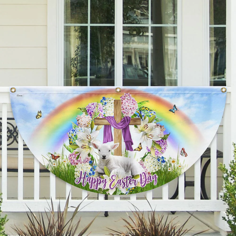 Happy Easter, Lamb of God Christian Cross Non-Pleated Fan Flag