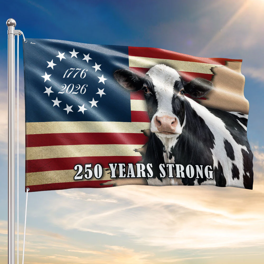 250 Years Strong Dairy Cow American Flag for Farm Patriotic Decor
