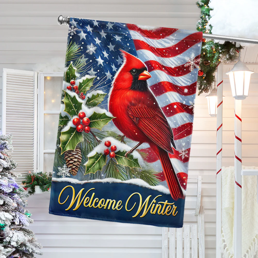 Welcome Winter Cardinal Bird Christmas American Flag