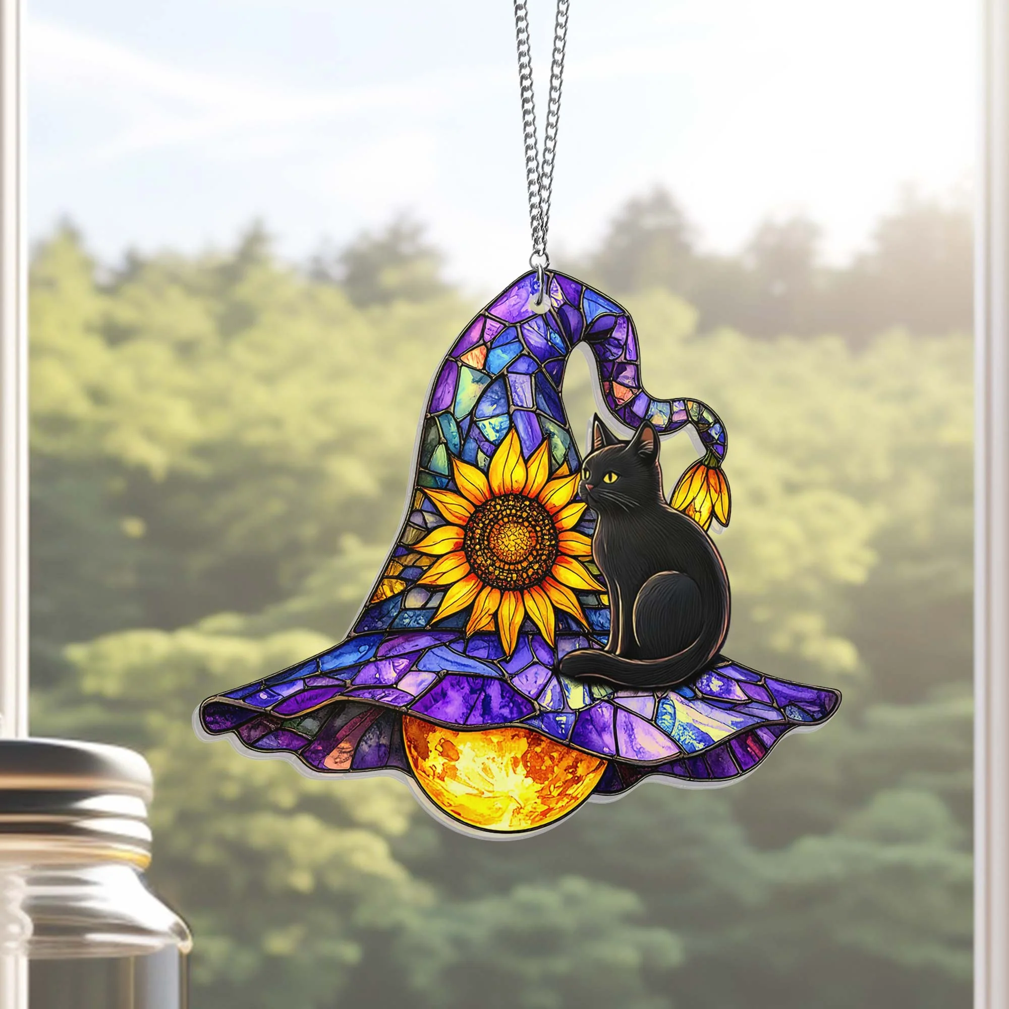 Halloween Witch Hat Suncatcher - Cat Witch Acrylic Window Hanging for Spooky Decor