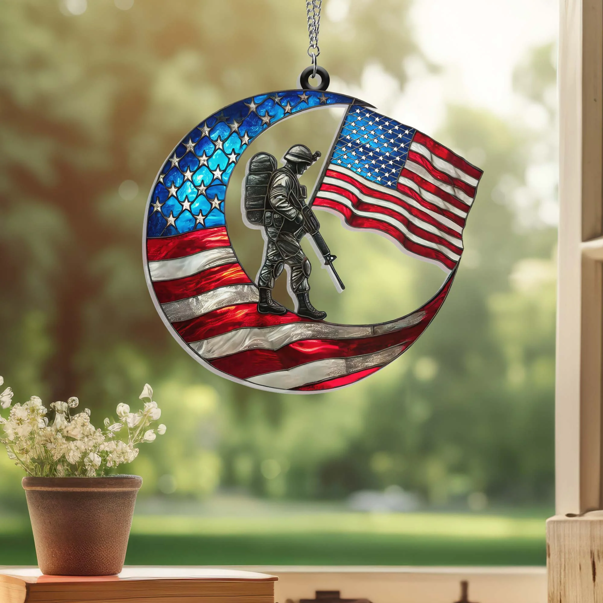 Veterans Day American Soldier Crescent Moon Suncatcher Acrylic Hanging