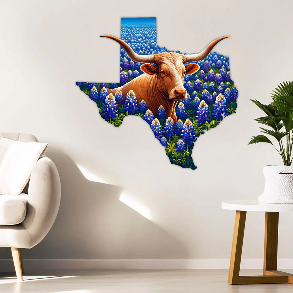 Texas Map Longhorn Cattle Bluebonnet Hanging Metal Sign