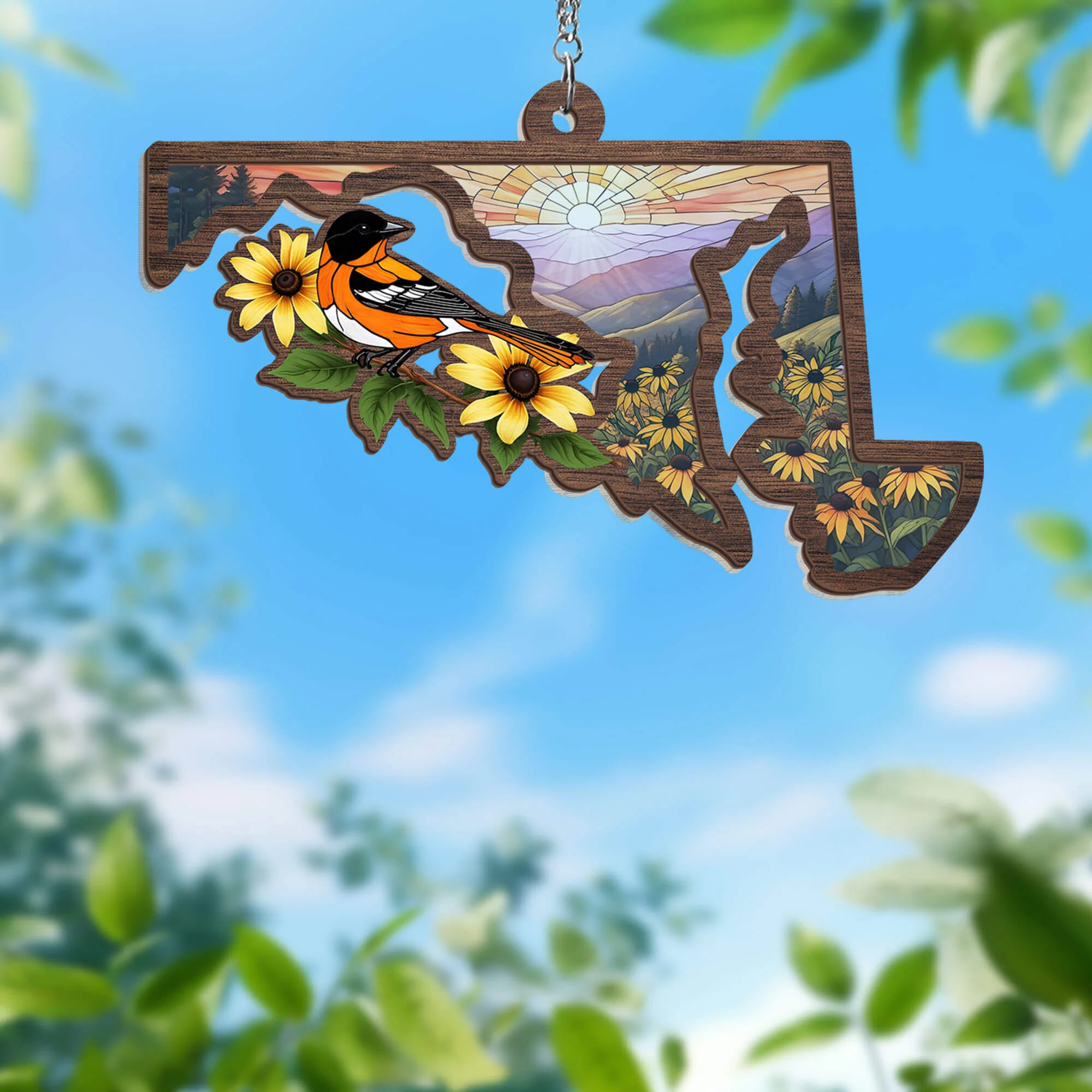 Maryland Black-eyed Susan Flower and Baltimore Oriole Bird Maryland 2 Layered Hanging Suncatcher 3-Day Shipping