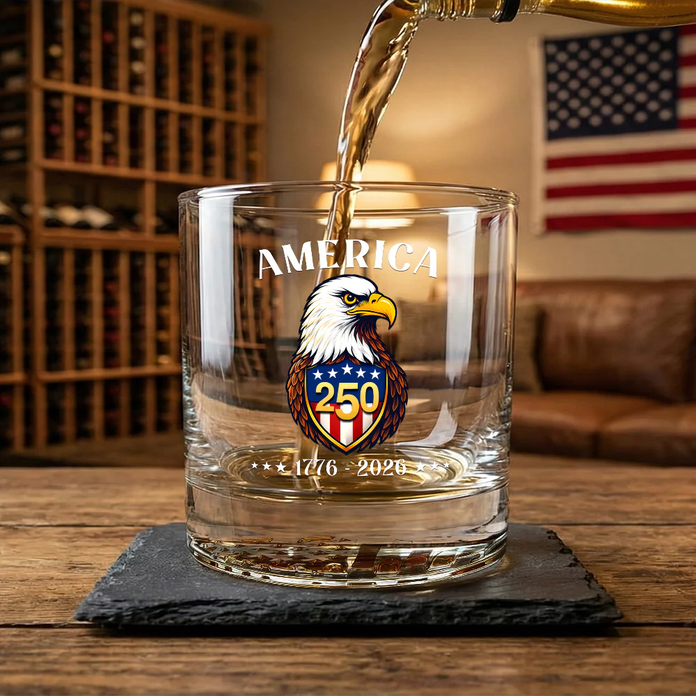 America 250 Years 1776 2026 Eagle Printed Whiskey Old Fashioned Glass