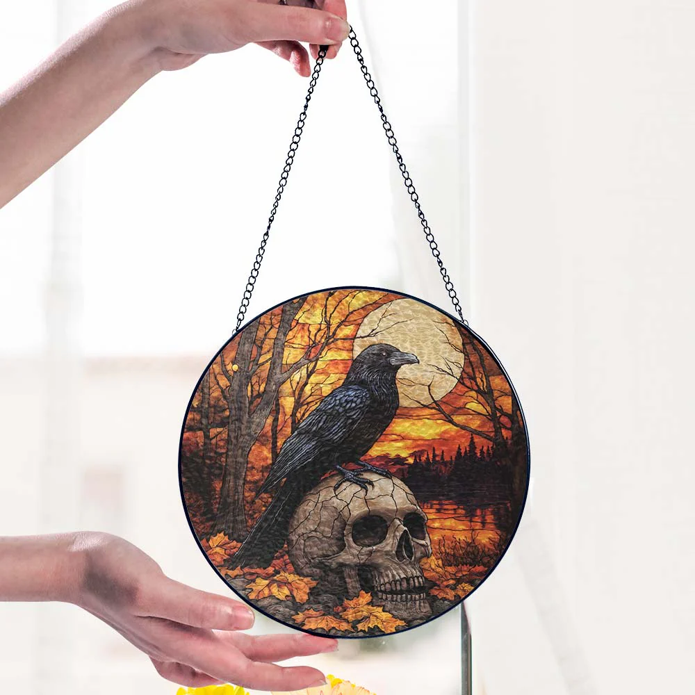 Halloween Raven Stained Glass Suncatcher - Gothic Crow Window Hanging for Home Decor
