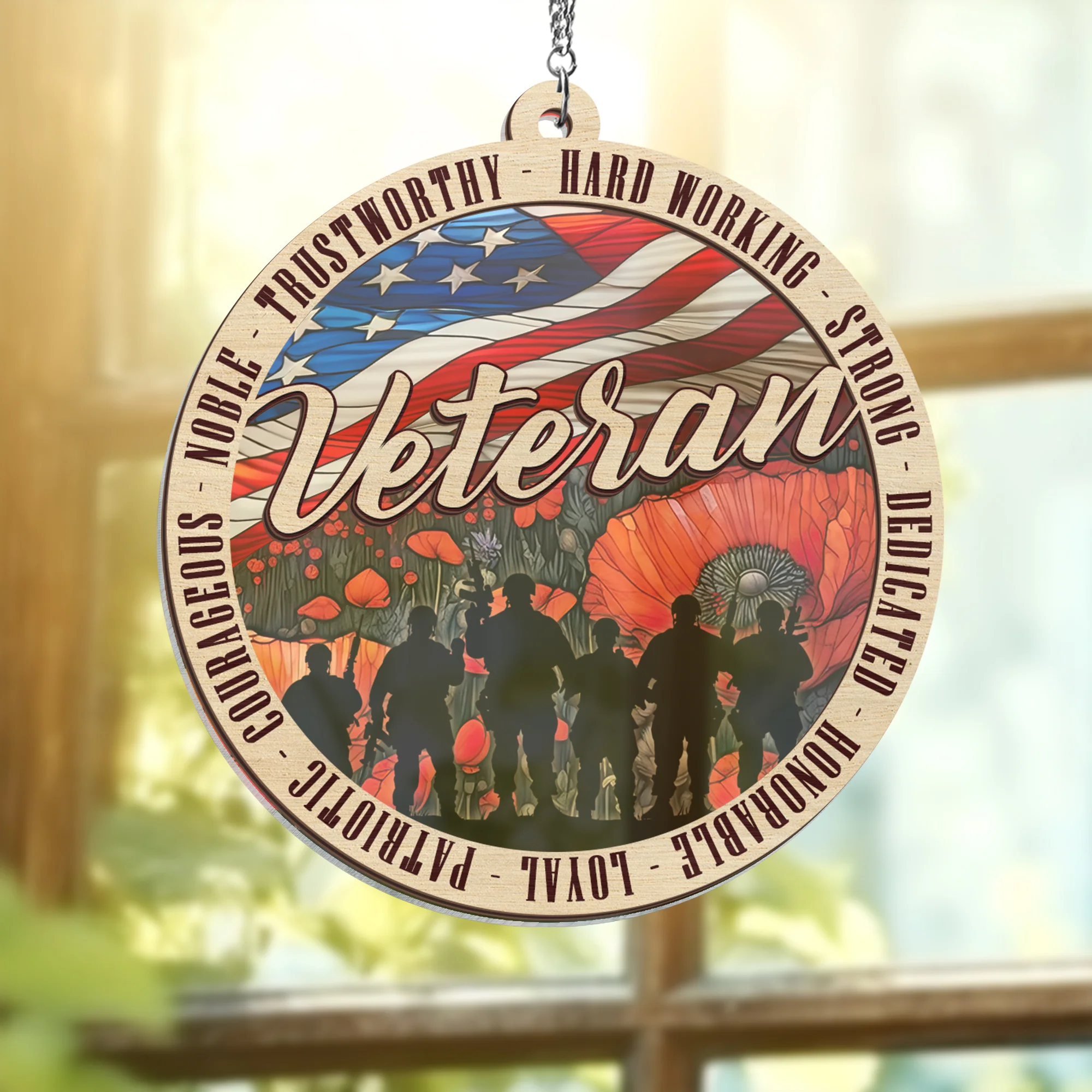 Veterans Memorial Poppy Patriotic American Veteran 2 Layered Hanging Suncatcher Veterans Day Decor