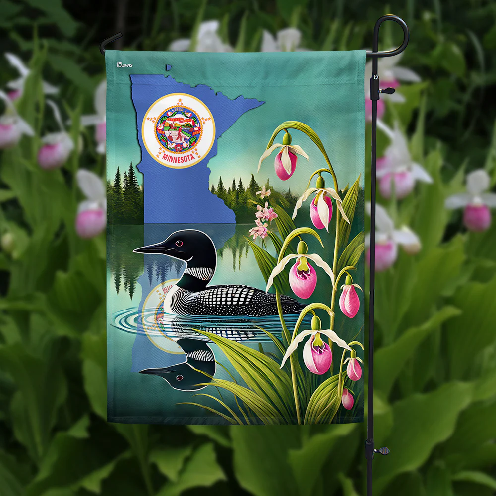 Minnesota State Lady's Slipper Flower and Loon Flag