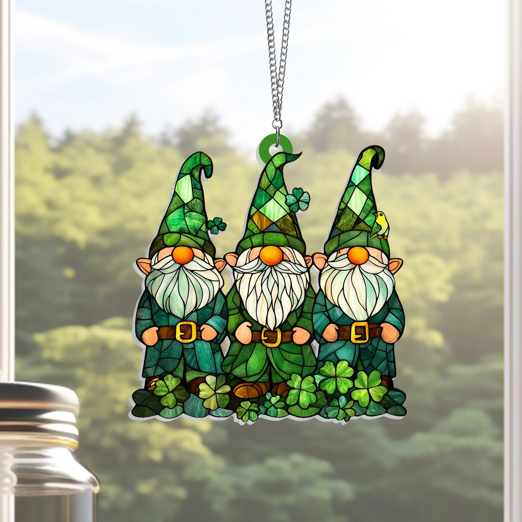 St. Patrick's Day Gnomes Irish Shamrock Suncatcher Hanging Sign
