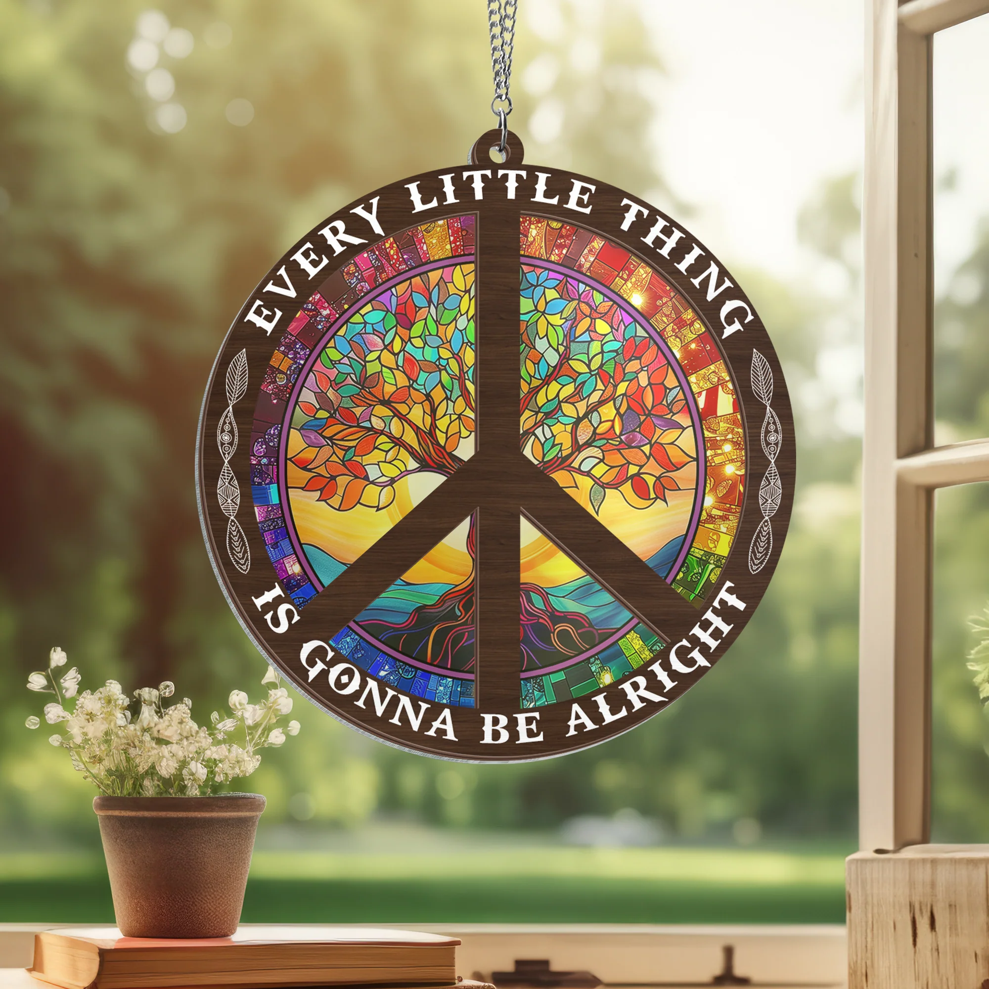 Hippie Peace Sign Tree Of Life, Every Little Thing Alright Hippie 2 Layered Hanging Suncatcher