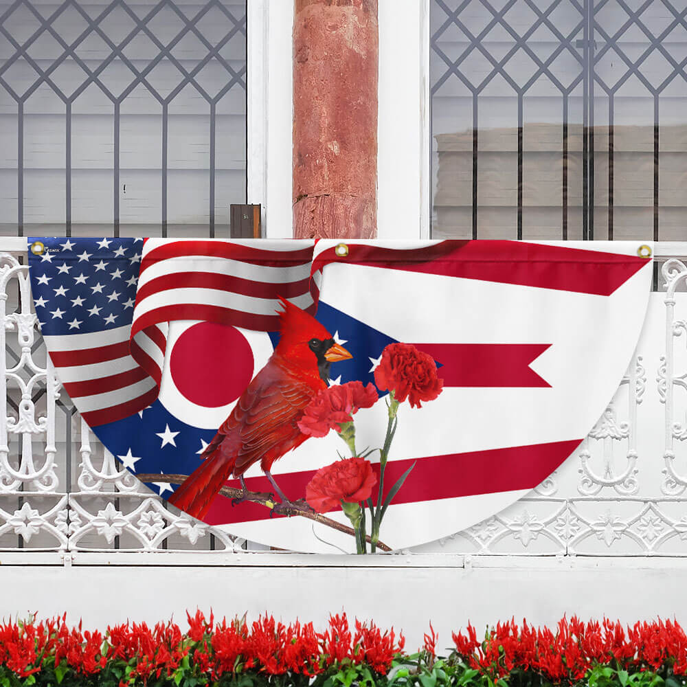 Ohio State Cardinal and Scarlet Carnation Flower Non-Pleated Fan Flag