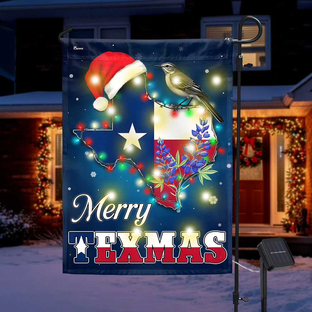 Merry Texmas Flag | Texas Northern Mockingbird Christmas Solar LED Flag