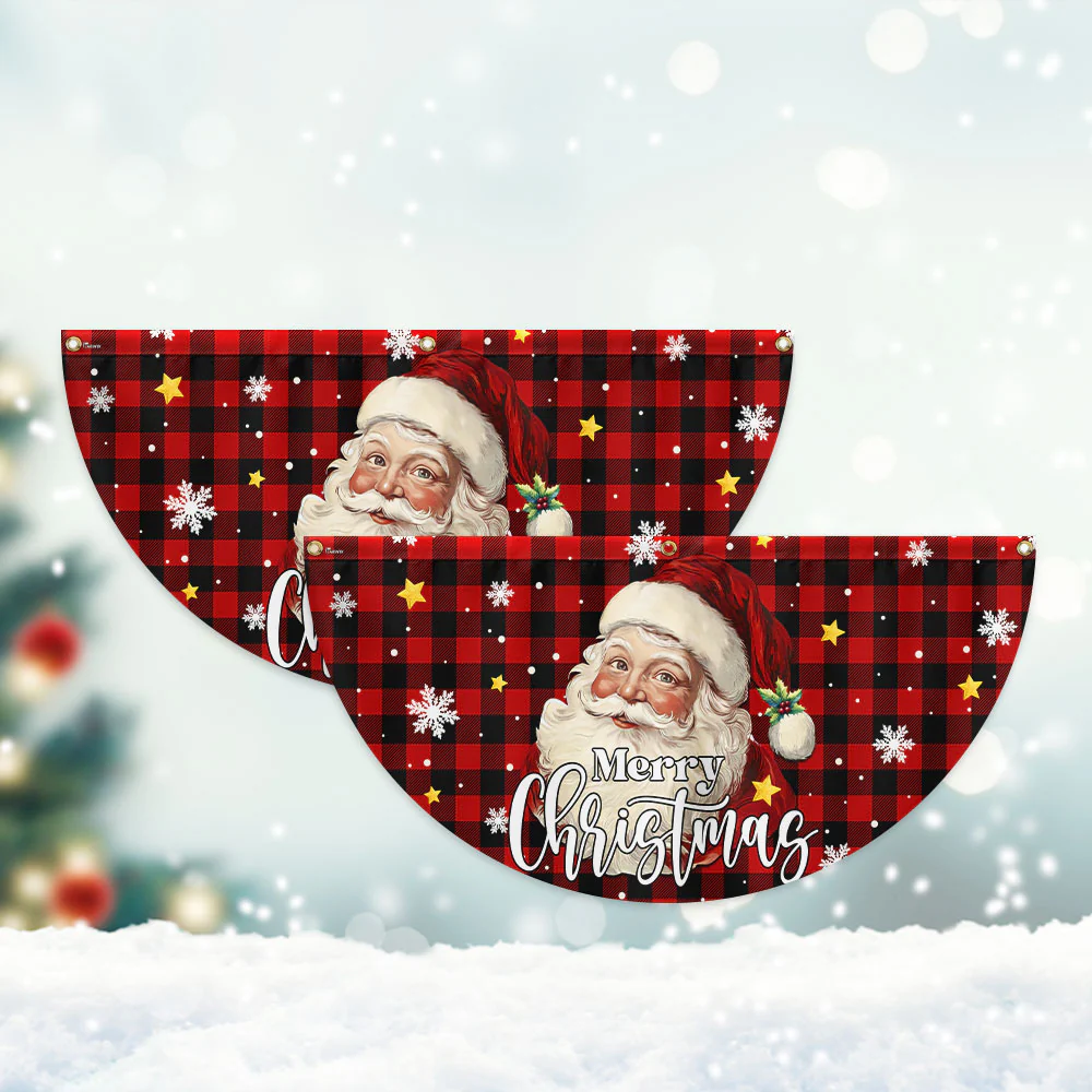 Santa Claus Merry Christmas Plaid Non-Pleated Fan Flag