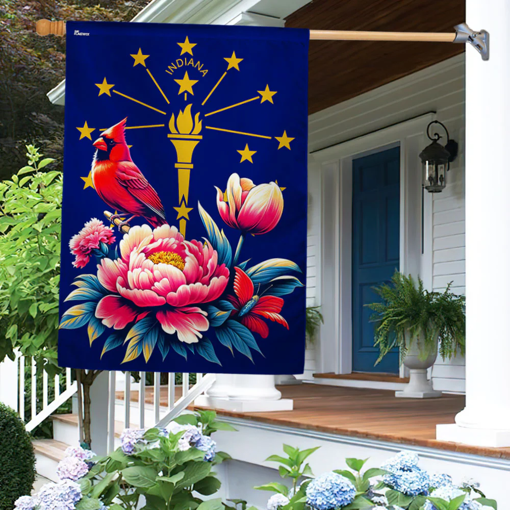 Bimipi Indiana State Cardinal and Peony Flower Flag