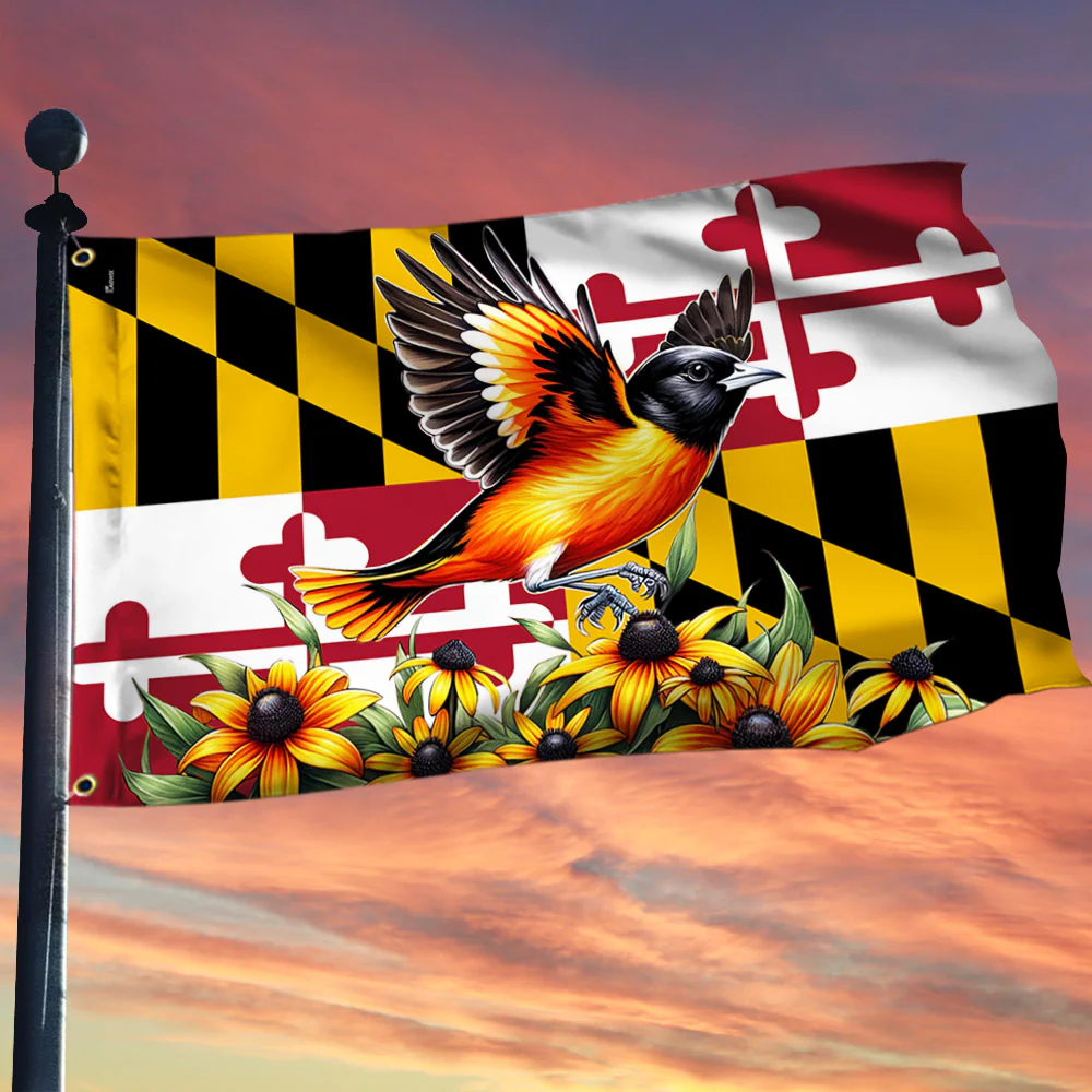 Maryland State Baltimore Oriole Bird and Black-eyed Susan Flower Maryland Flag