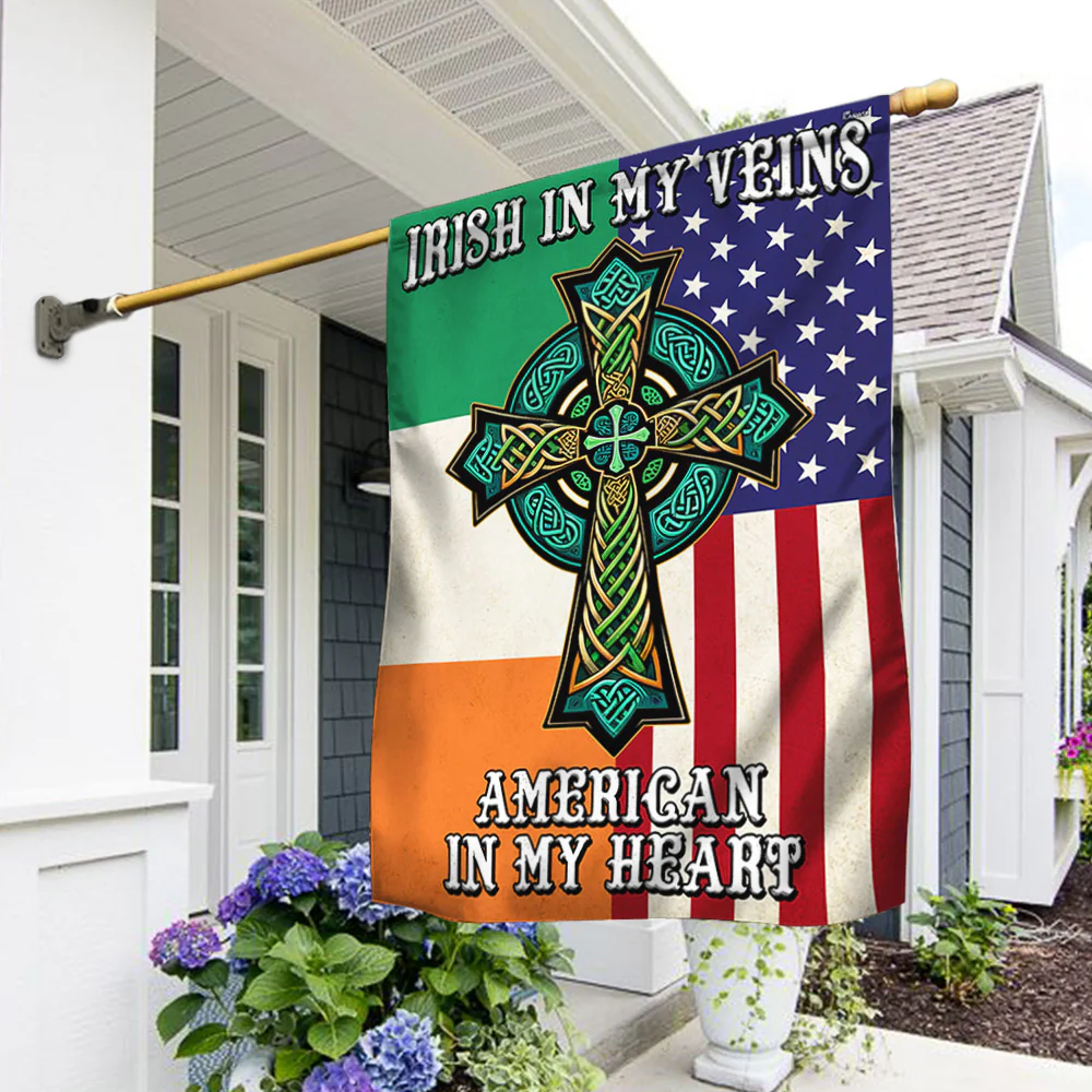 Bimipi  Irish Celtic Knot Cross Flag Irish In My Veins American In My Heart Flag